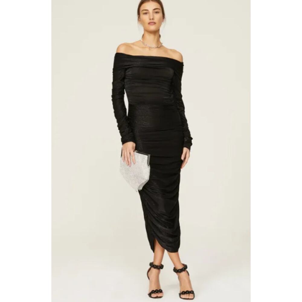 Bronx & Banco Amara Ruched Off Shoulder Midi Dress Black Women's Medium FLAW